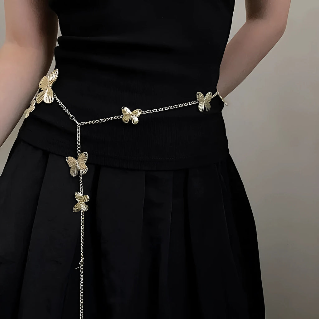 Golden butterfly waist chain belt for women, 104cm alloy retro jewellery