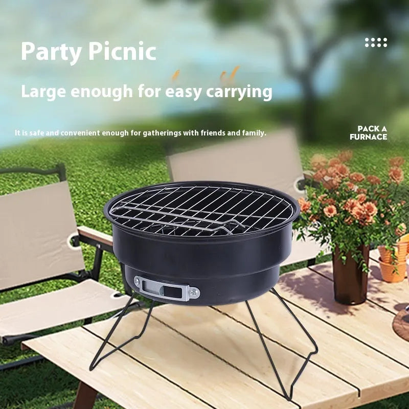 Small folding round ice stove with grill mesh, barbecue grill, furnace leg and carbon clip for outdoor cooking
