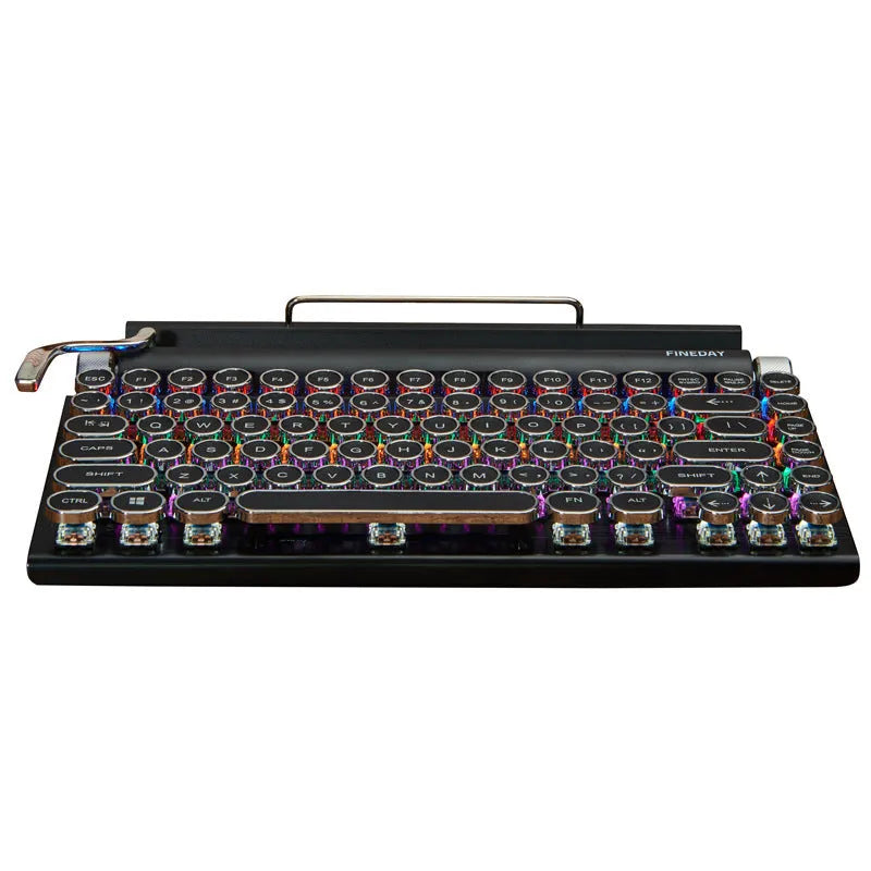 Black retro-style Bluetooth mechanical keyboard with backlit keys and metal construction