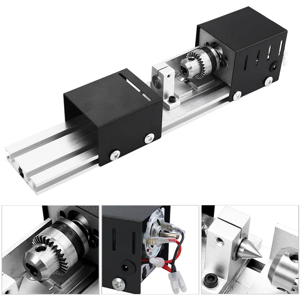Mini manual woodworking lathe in silver metal finish with 140mm processing capacity