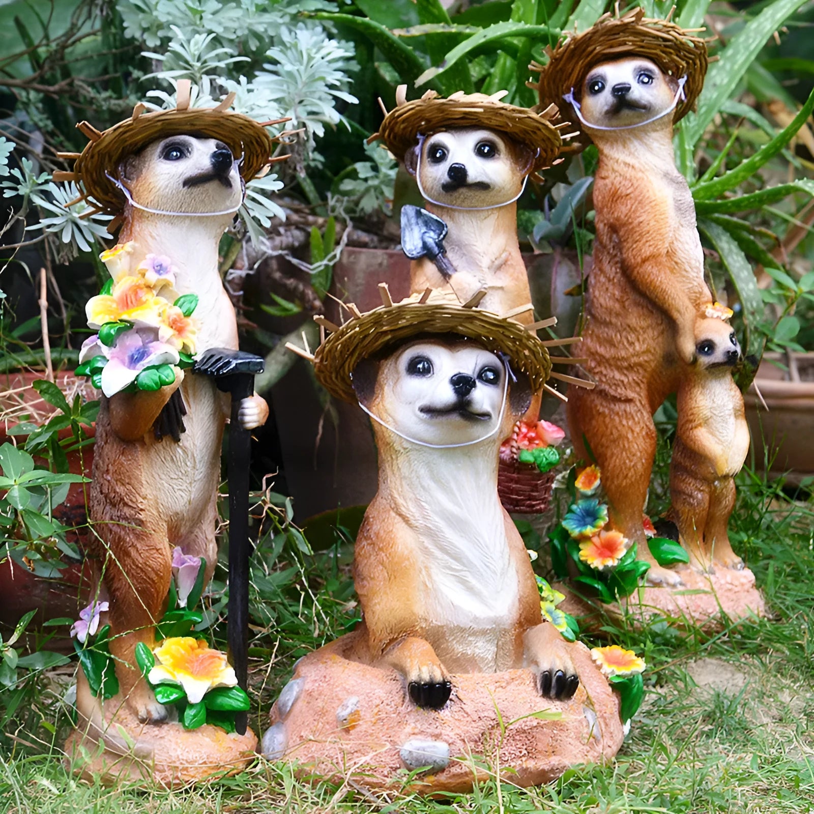 Three straw hat mongoose garden ornaments including mother and child, rake carrier, and shovel carrier designs