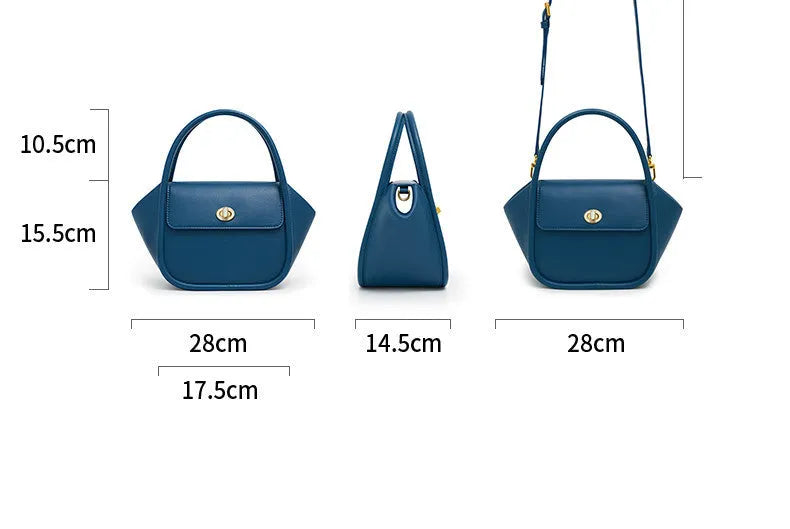 Wing-shaped women's leather handbag with latch closure and cross-body strap in available colours.