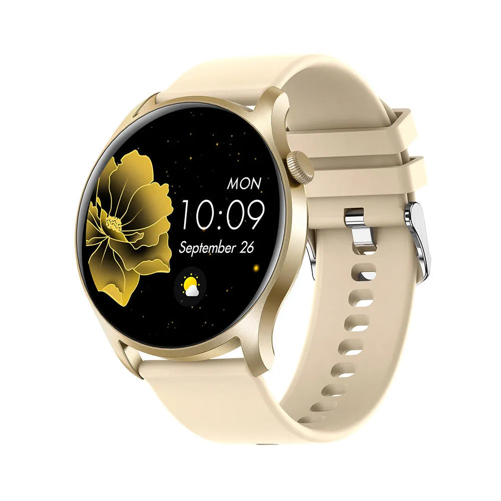 Smart watch with coloured silicone wristband displaying heart rate on its 1.3-inch screen.