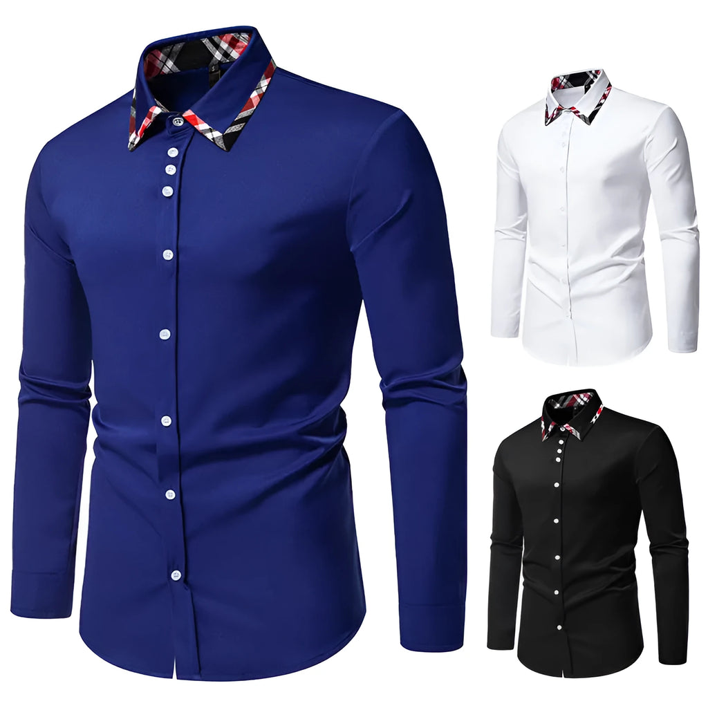 Men's blue plaid casual shirt with triangle collar and long sleeves