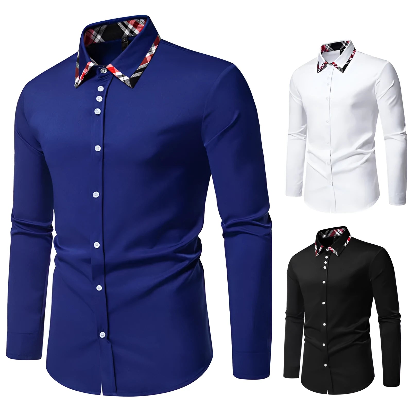 Men's blue plaid casual shirt with triangle collar and long sleeves