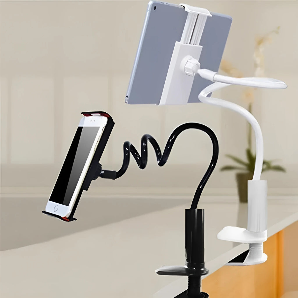 Black flexible mount holder with bendy arm and suction cup holding a mobile phone at an angle.