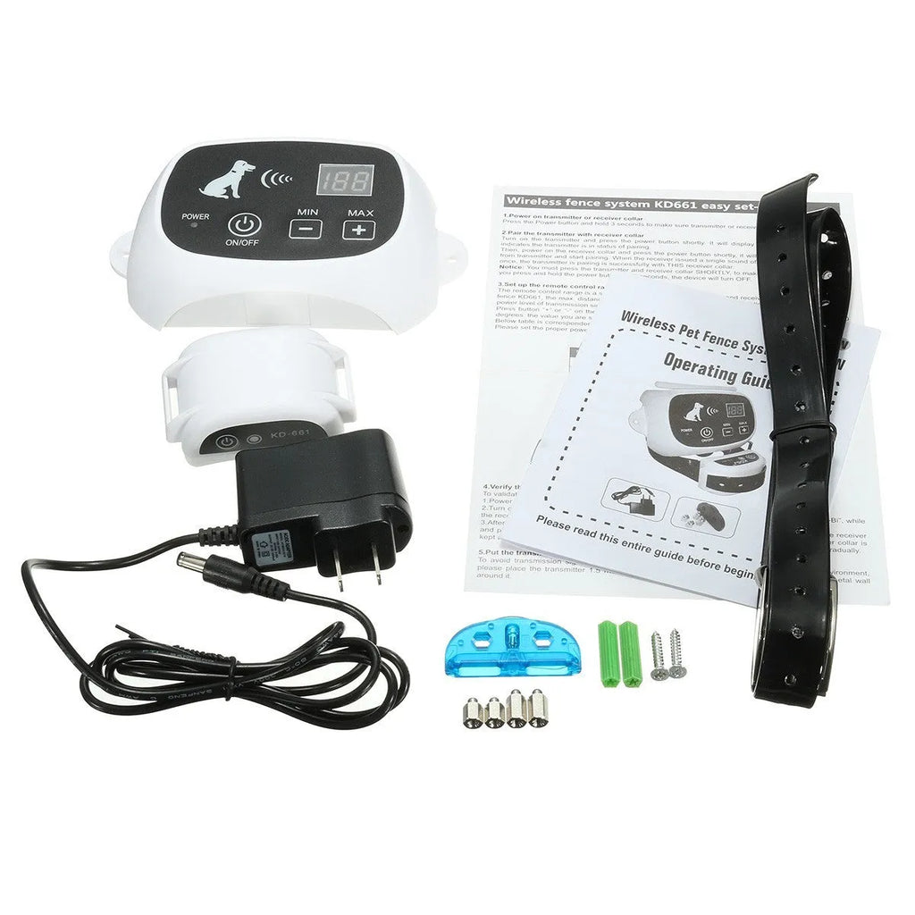 Wireless electronic pet fence system with white transmitter and waterproof rechargeable collar receiver on TPU strap
