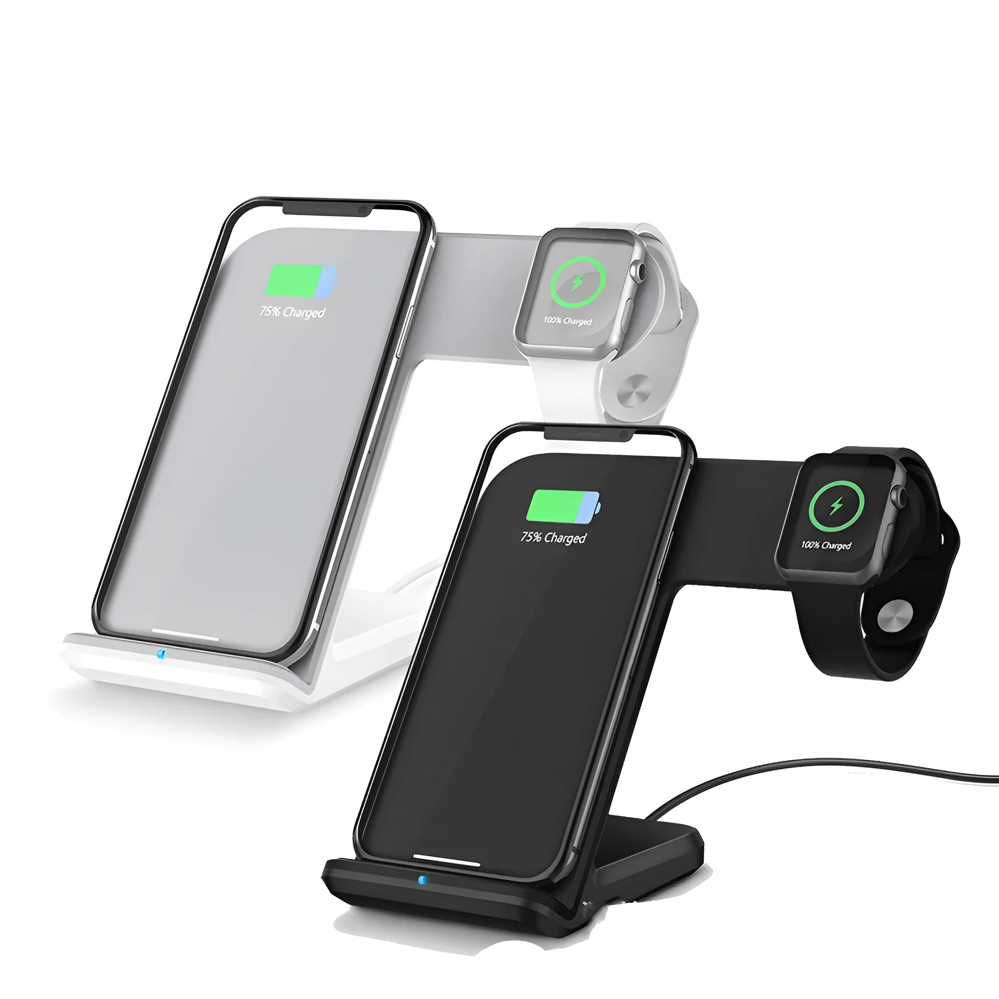 Black wireless charging pad on a wooden desk with smartphone placed on top, showing non-slip silicone base.