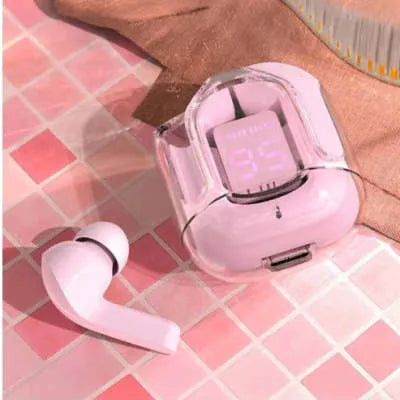 Space capsule transparent case Bluetooth earphones with digital display screen in five colour options