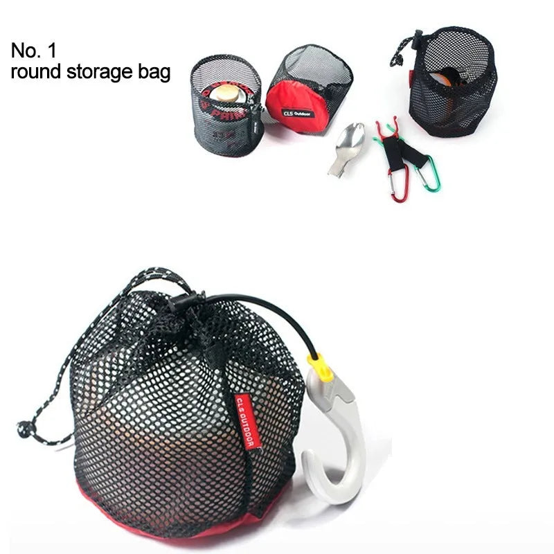 Set of five red outdoor travel storage bags with zippers made from Oxford cloth and mesh