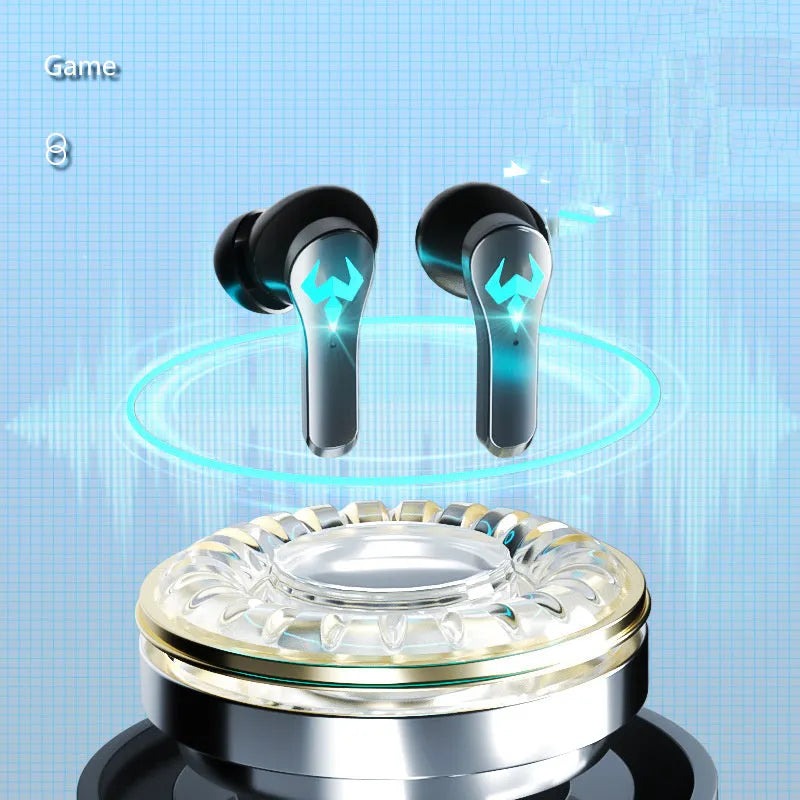 Black Bluetooth stereo gaming headset with in-ear design for sports and gaming use