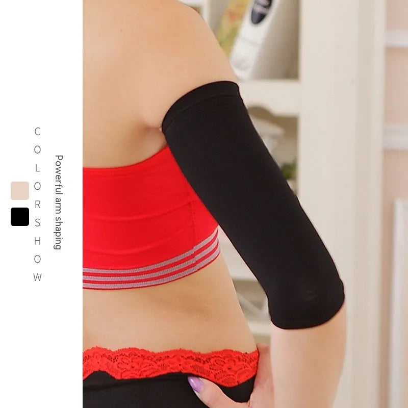 Women's black and skin tone shaping arm sleeves made from nylon fabric for upper arm coverage