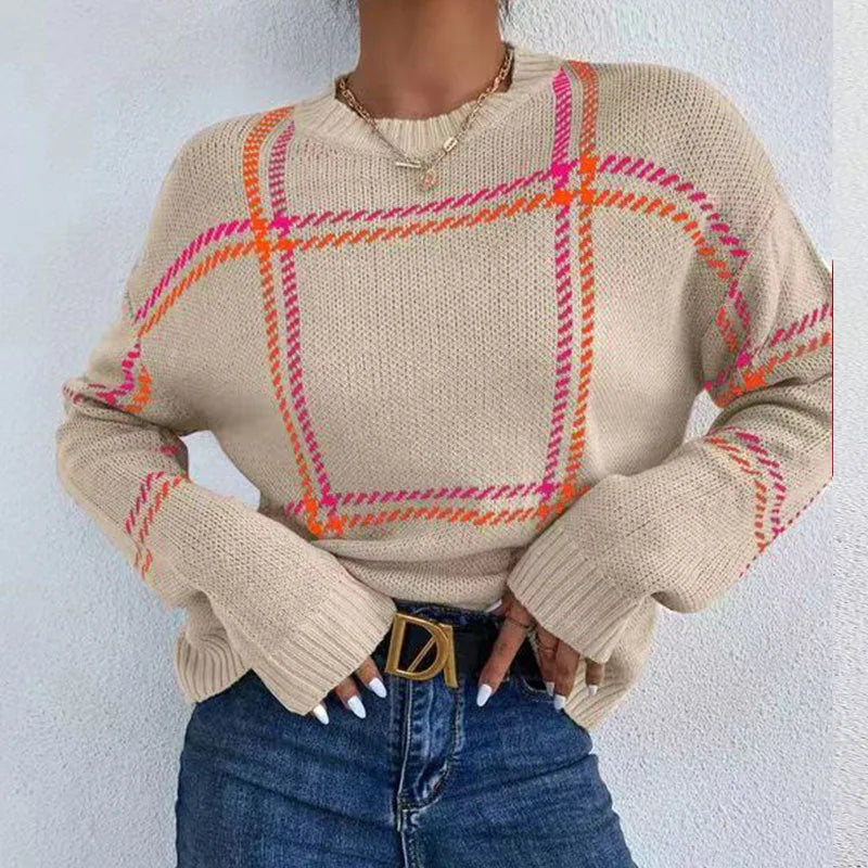 Women's casual plaid colour-block acrylic sweater with apricot, black, beige, red, and green stripes.