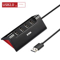 Black USB expansion dock with four USB ports and Micro USB power connection measuring 100mm x 50mm