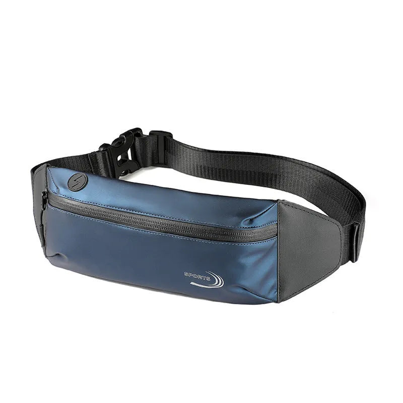 Men's black sports waist bag made from water-resistant Derm Oxford polyester, showing 45cm wide compact design