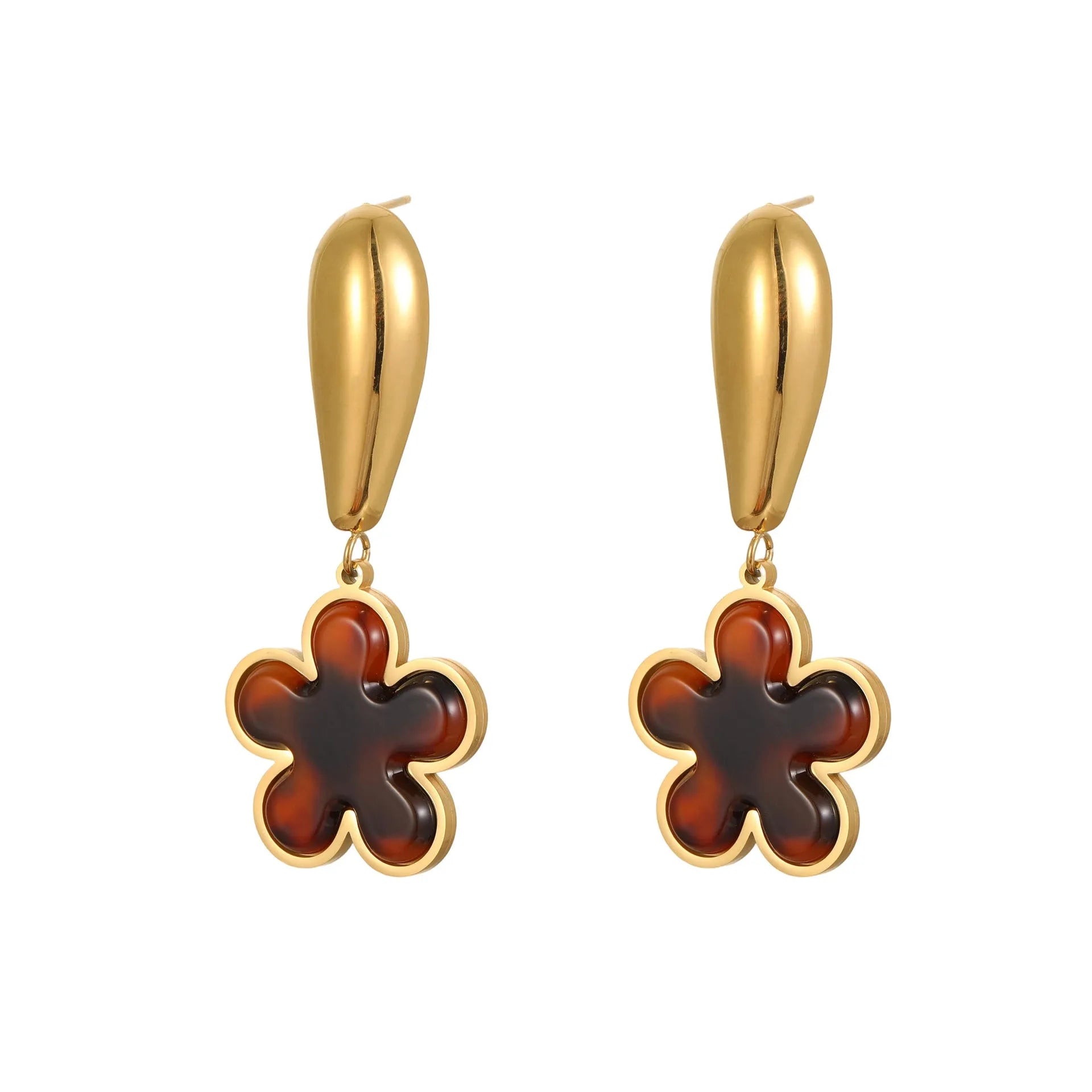 Gold-plated women's earrings with tortoiseshell resin hawksbill colour in heart and floral geometric designs