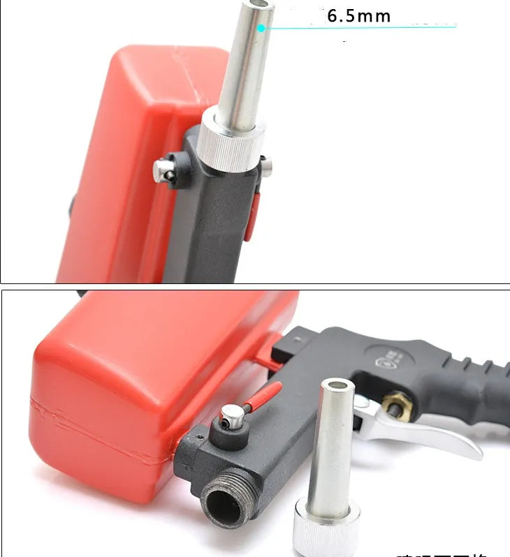 Portable pneumatic sandblasting gun with tank and 6.5mm nozzle in black or blue colours