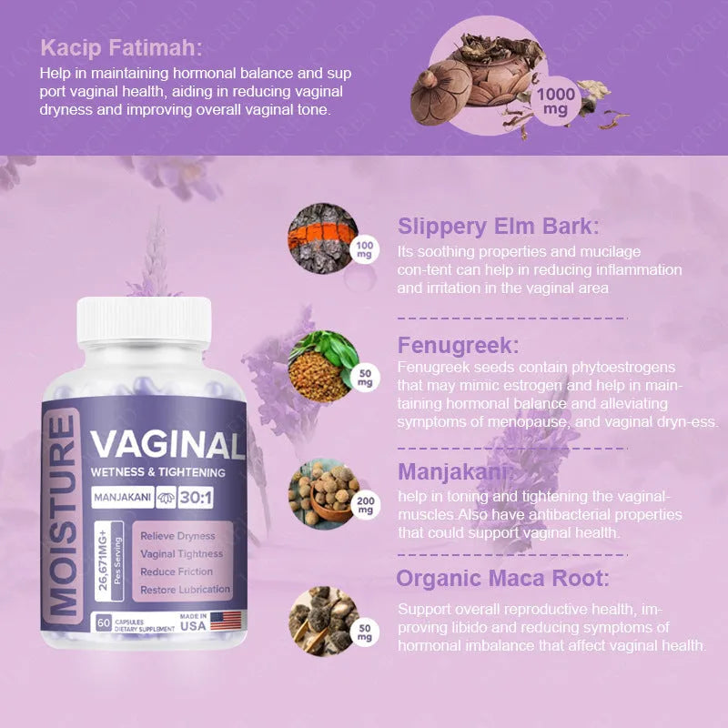 Bottle of 60 vaginal capsules for adult women's herbal feminine wellness