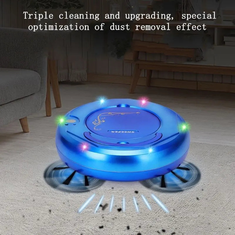 Lazy Smart robotic vacuum cleaner in blue, black, or white on a hard floor