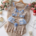 Light blue embroidered lace push up bra and matching briefs set with transparent mesh detail.