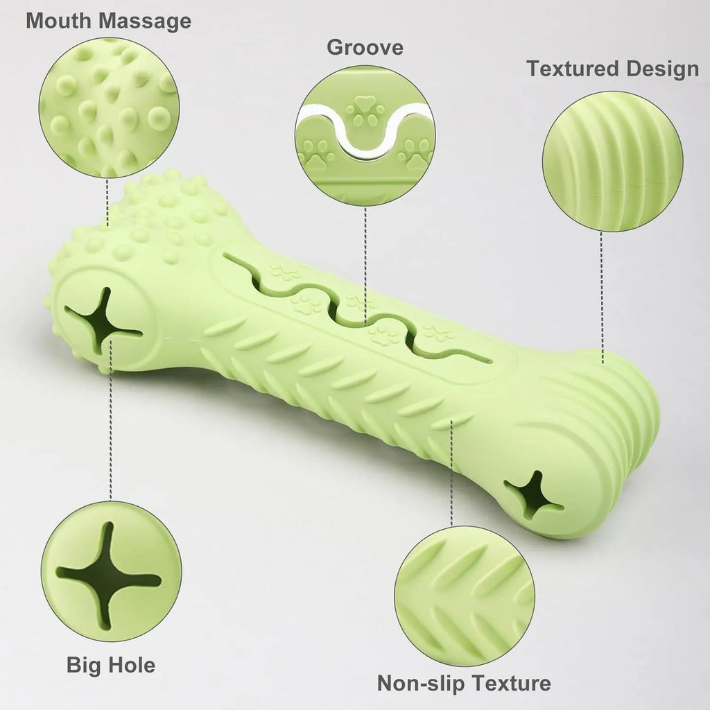 Blue bone-shaped natural rubber dog chew toy for aggressive chewers with teeth cleaning surface