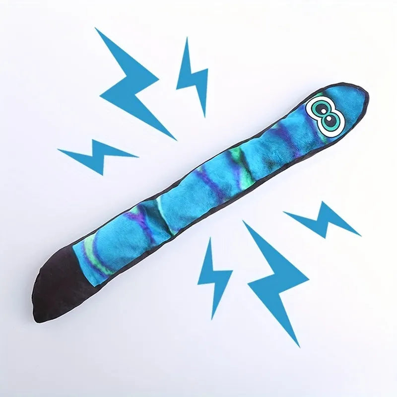 Snake shaped plush dog toy with stripe print and squeaker