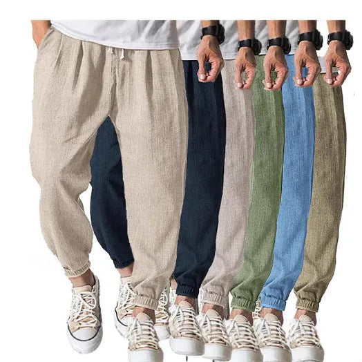 Men's loose fit cotton ankle banded casual pants in light green colour