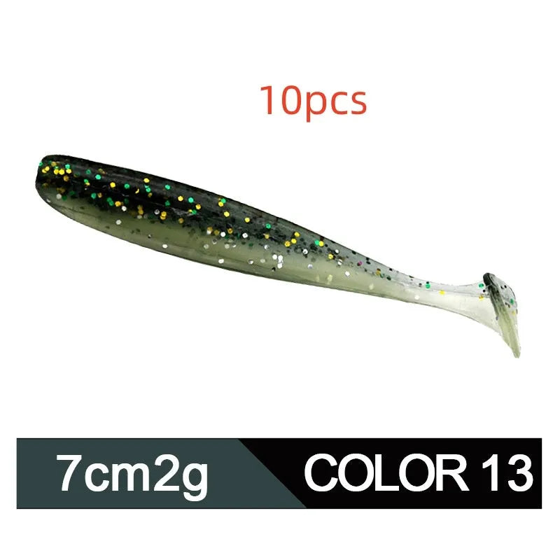 Soft worm fishing lure measuring 7 cm with two-tone colouration and T-tail design