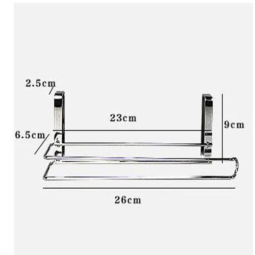 Silver stainless steel towel rack for hanging on the back of a kitchen cabinet door