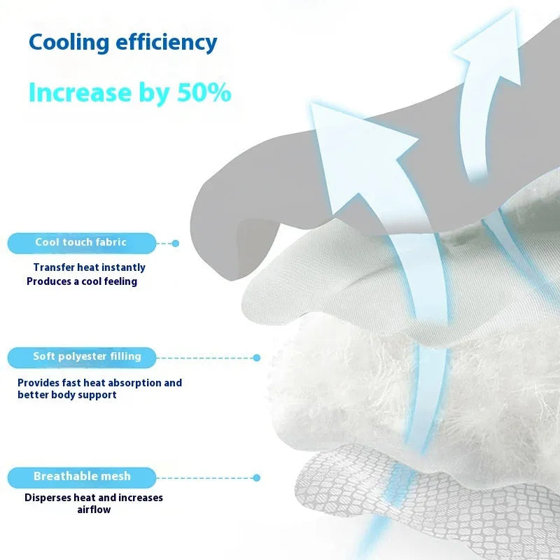Ice silk dog cooling mat in light grey with a simple dog head shape, showing non-slip base.