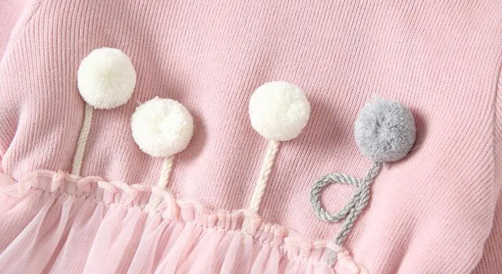 Baby girl pink plus velvet dress with long sleeves and mesh detail
