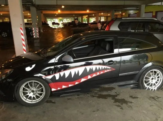 Large Shark graphic car body sticker shown on a vehicle, available in two height options.