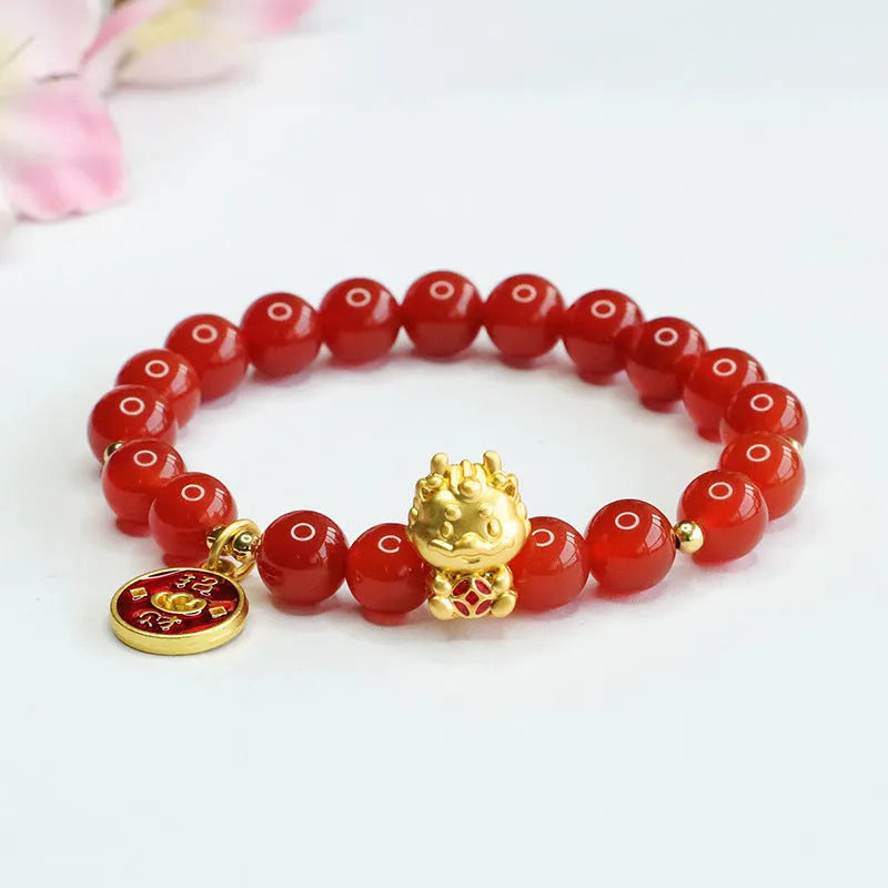 Red agate bead bracelet with Chinese style design for Dragon zodiac sign, showing 8mm bead size.