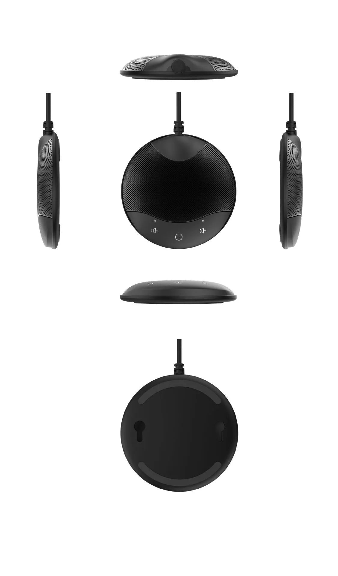 Black USB condenser microphone with compact square design for conference calls and gaming