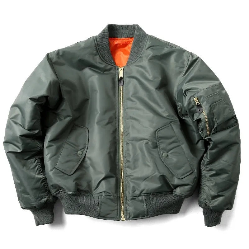 Men's loose-fit cotton-padded pilot jacket in army green, made from double-sided nylon fabric.