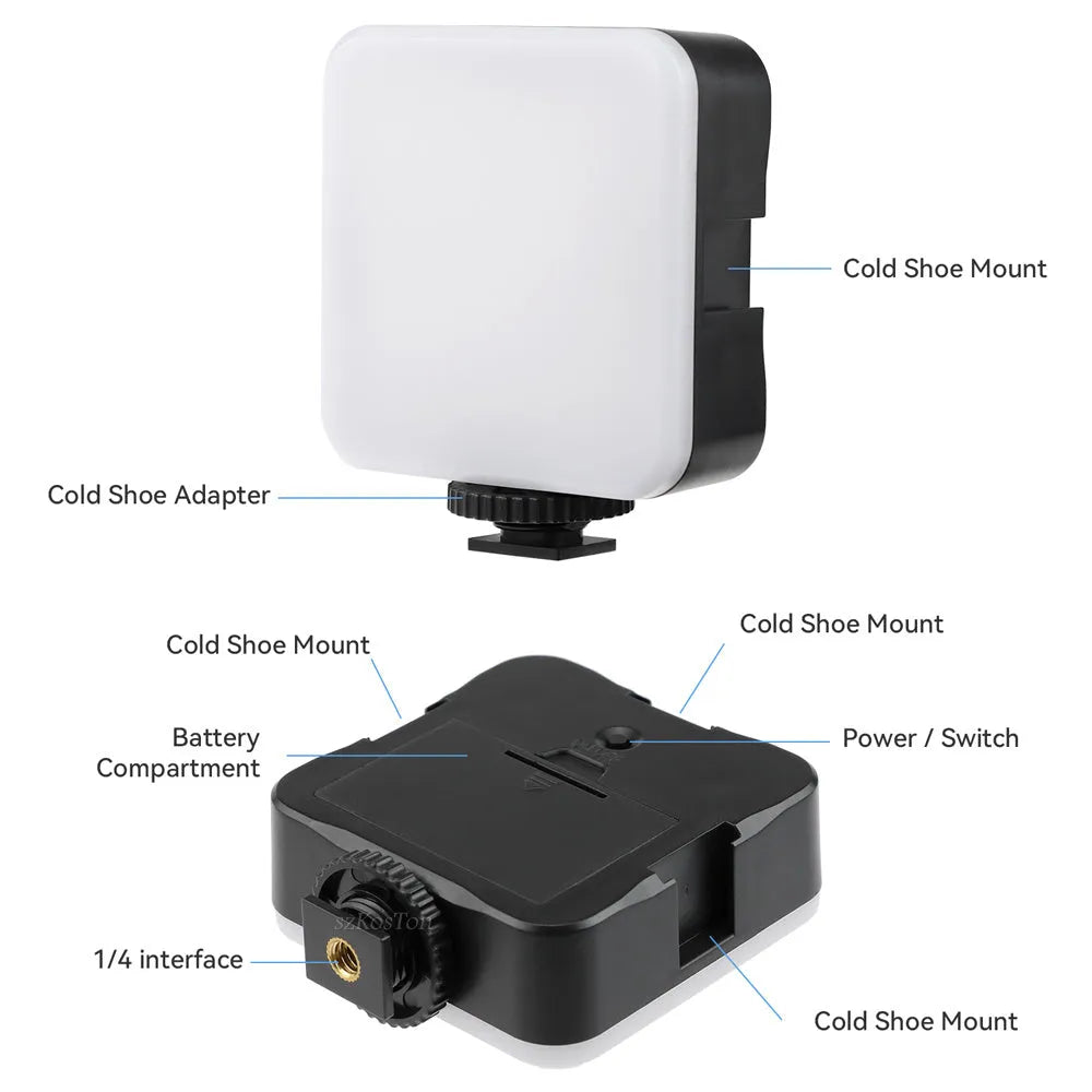 Compact black LED mini square camera flash with hot shoe mount on a small tripod stand.