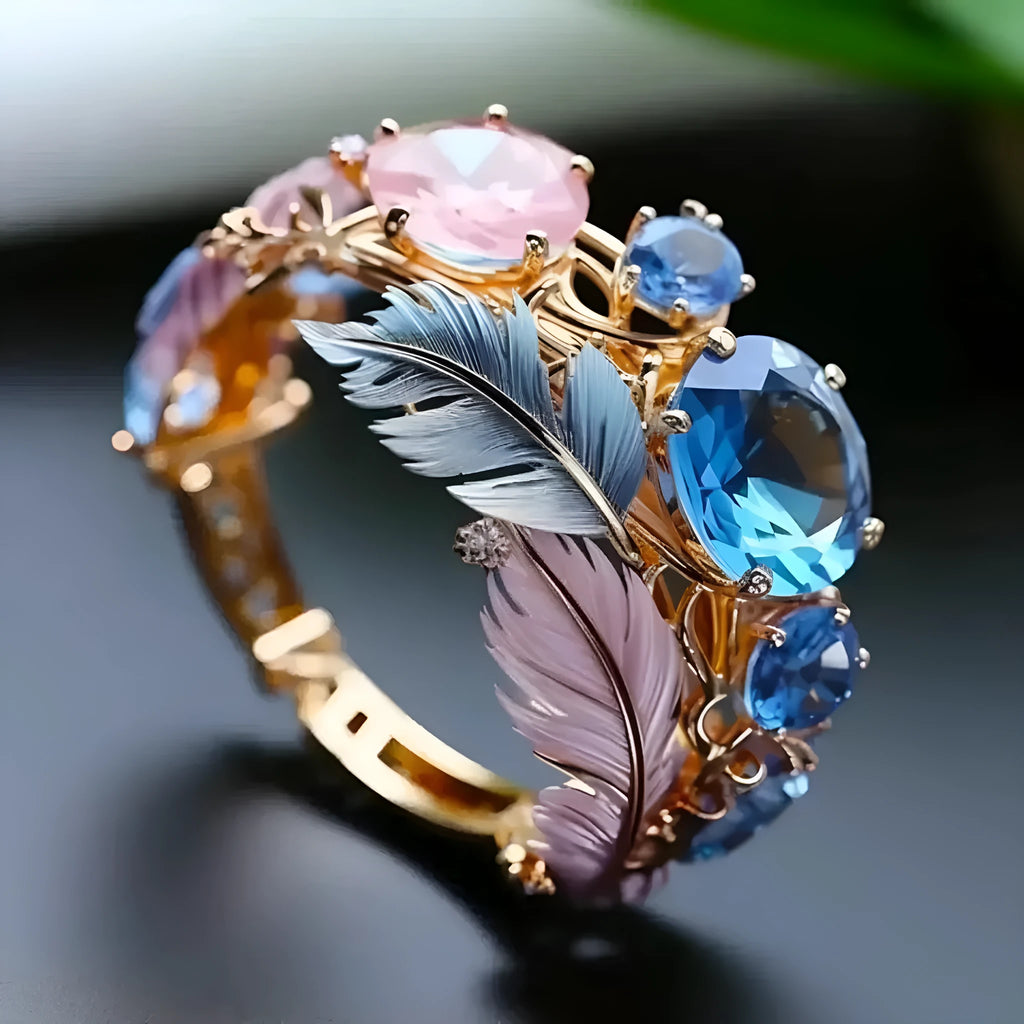 Gold brass geometric ring with embossed feather design and zirconia stone inlay