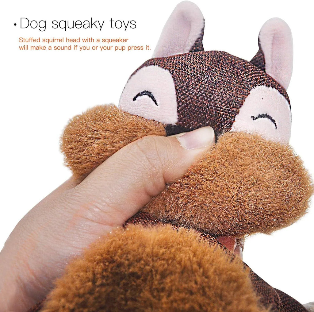 Brown plush fox dog toy with cotton rope limbs, embroidered eyes, and a squeaker.