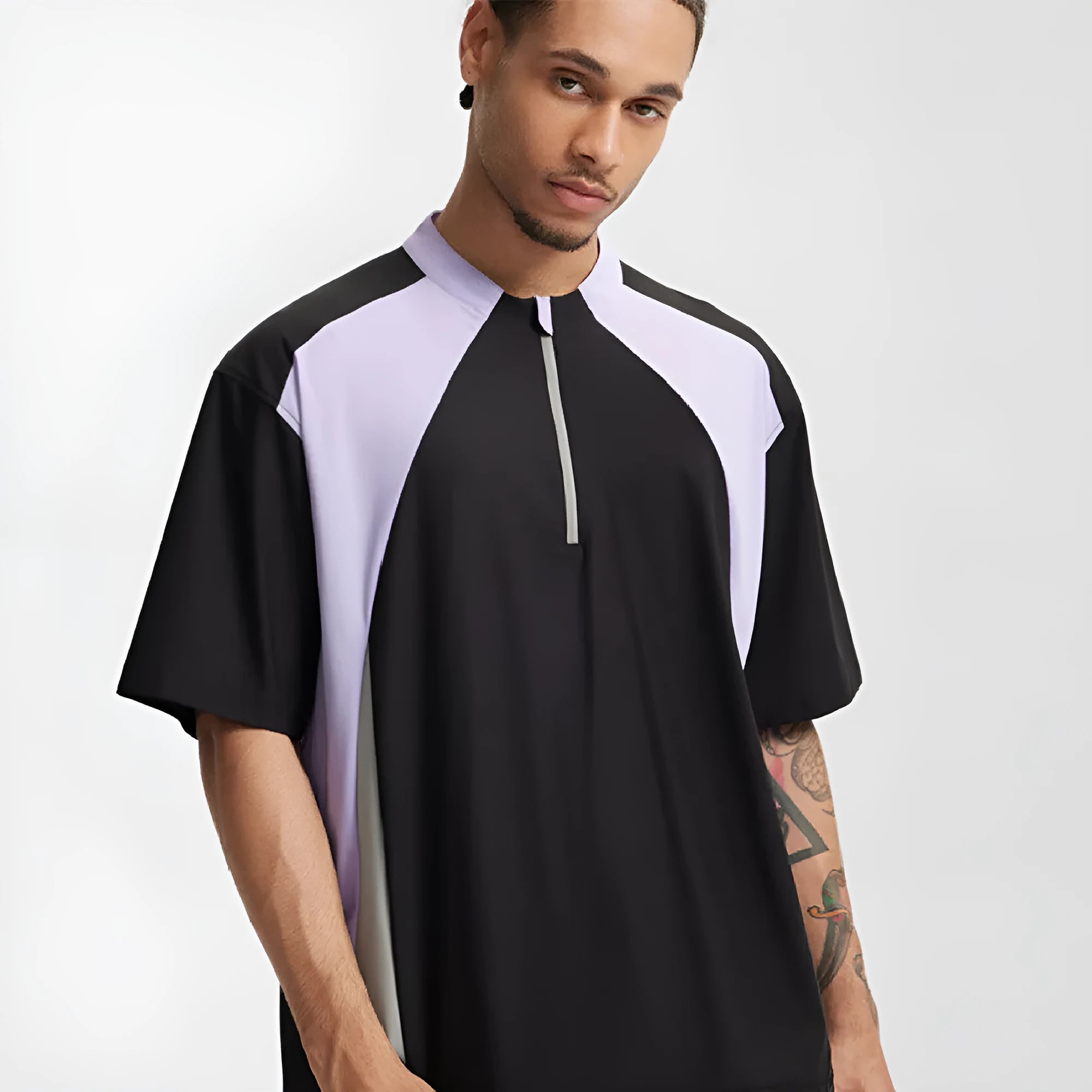Men's lightweight polyester casual top in black and beige colours showing long sleeve and short sleeve options