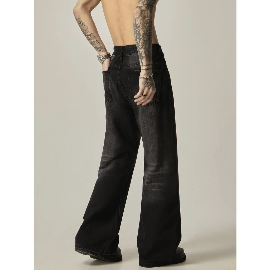 Black loose straight leg jeans with zipper fly and retro styling