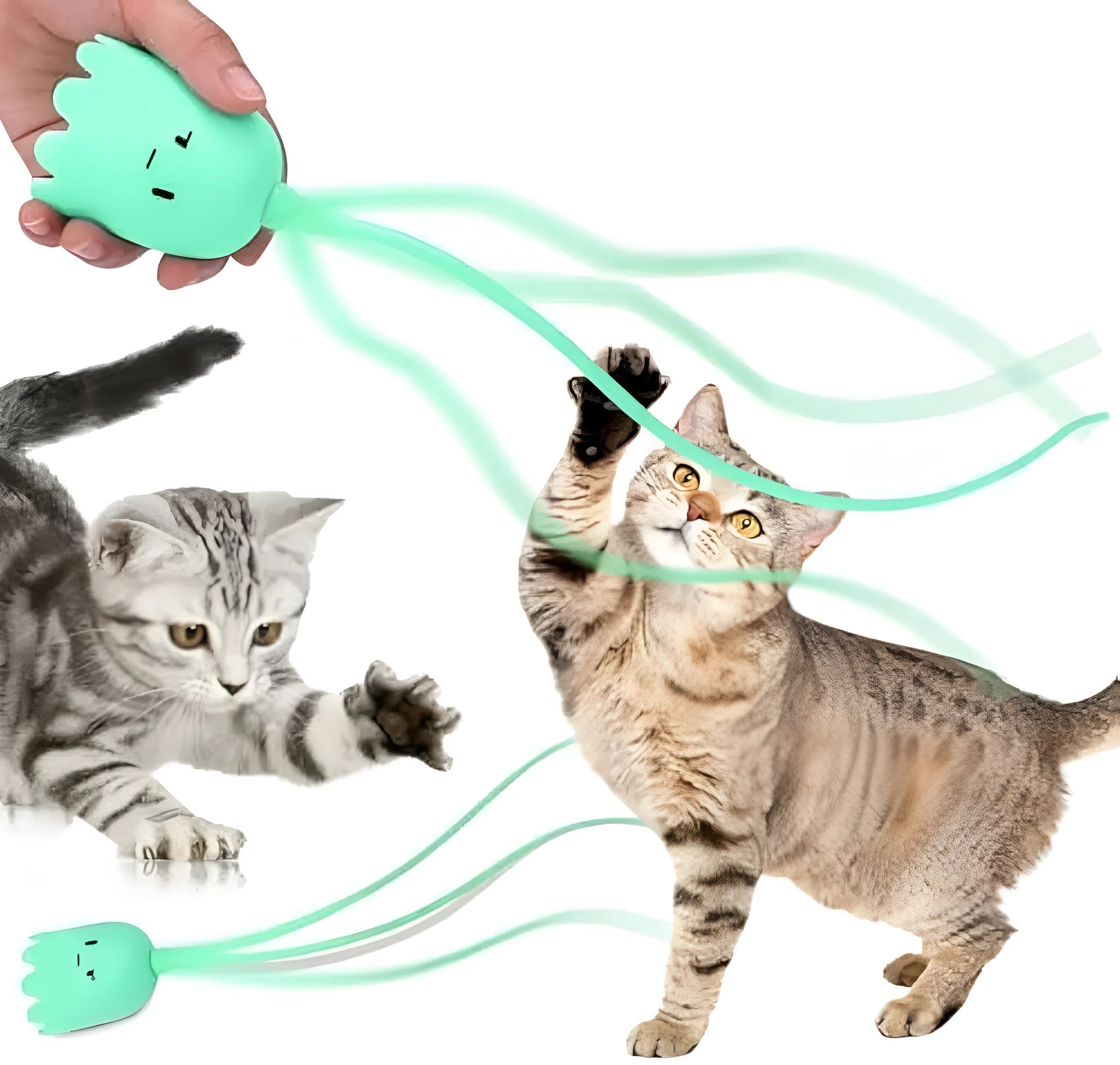 Automatic electronic cat toy wand with green silicone tails swinging in motion