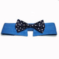 Denim dog collar with an attached red star pattern necktie, showing the adjustable fastener tape closure.