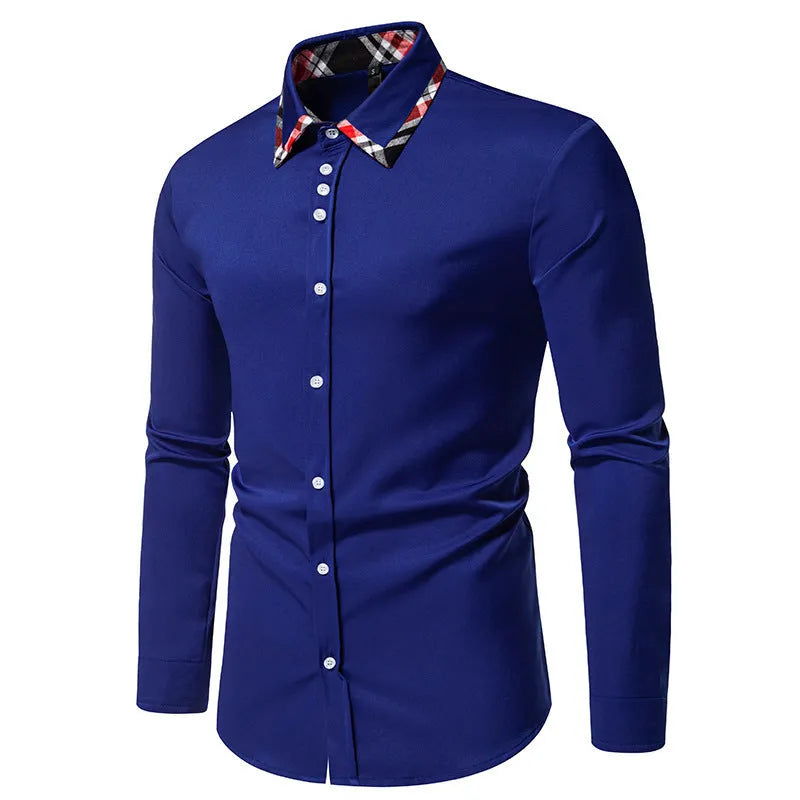 Men's blue plaid casual shirt with triangle collar and long sleeves