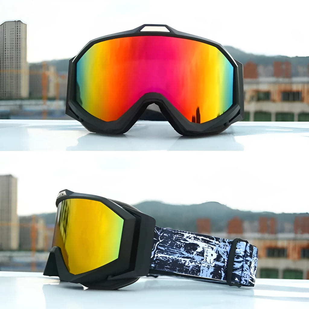 Motorcycle goggles with a double layer anti-fog lens and a black TPU frame shown with a grey lens.