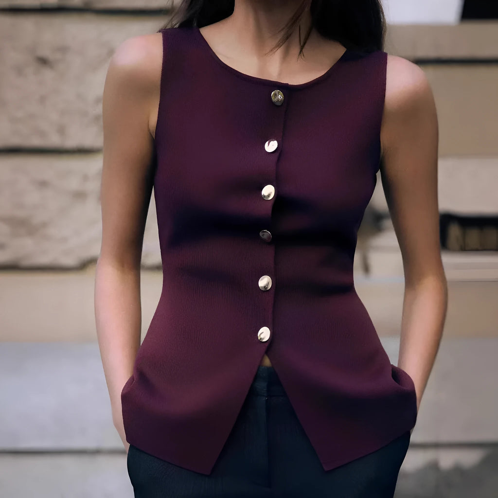 Dark red viscose sweater vest with gold buttons and textured 3D pattern, slim fit sleeveless cardigan style