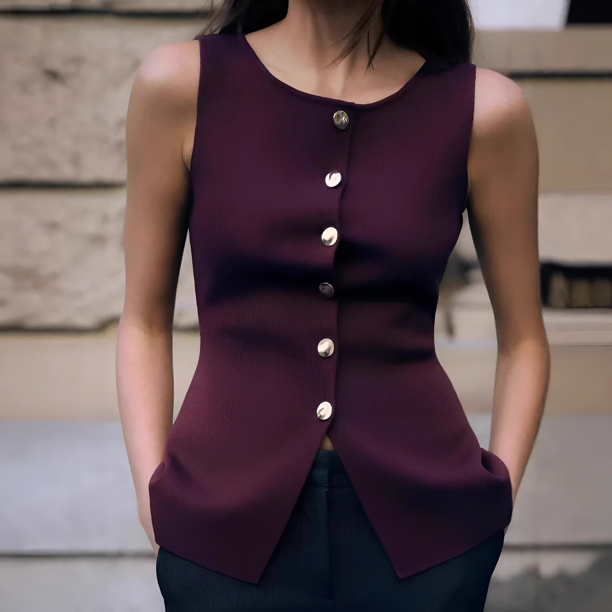 Dark red viscose sweater vest with gold buttons and textured 3D pattern, slim fit sleeveless cardigan style