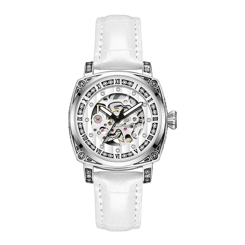 Leather strap mechanical watch with luminous hands in multiple colour options