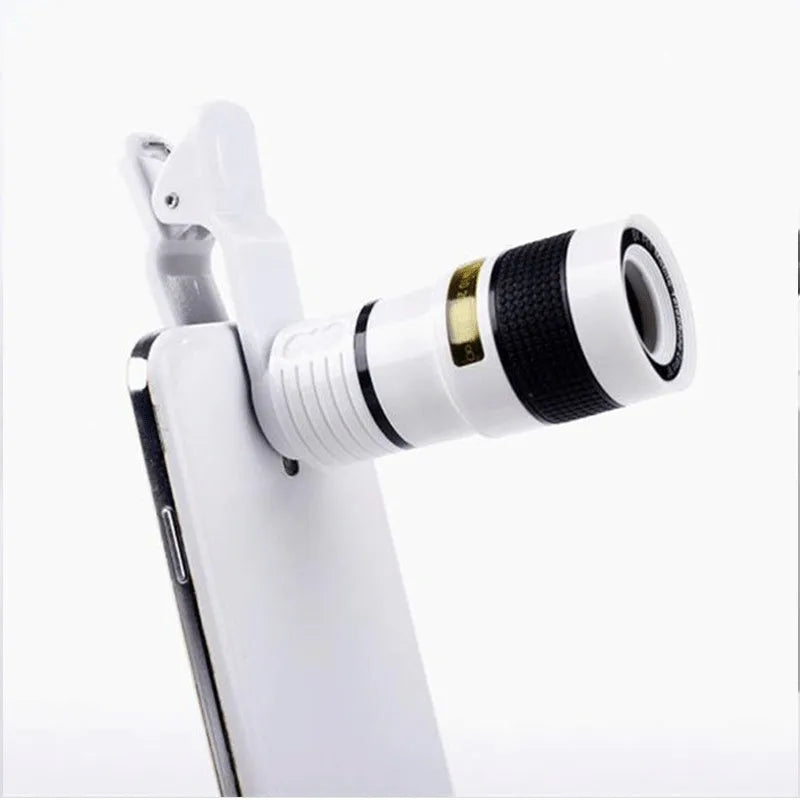 12X magnification black phone telescope lens with adjustable mounting clip on a smartphone
