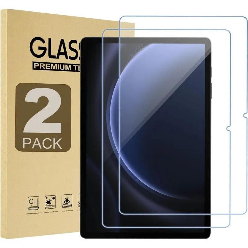 Tempered glass screen protector for Samsung Galaxy tablet next to a cattle leather storage pouch.