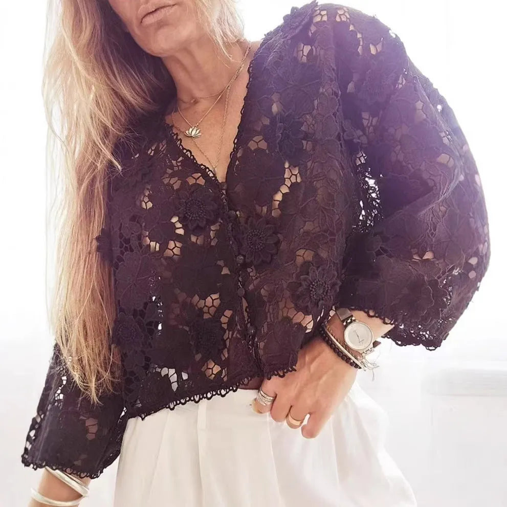 Women's loose-fit lace cardigan with V-neck and three-dimensional floral decoration in black